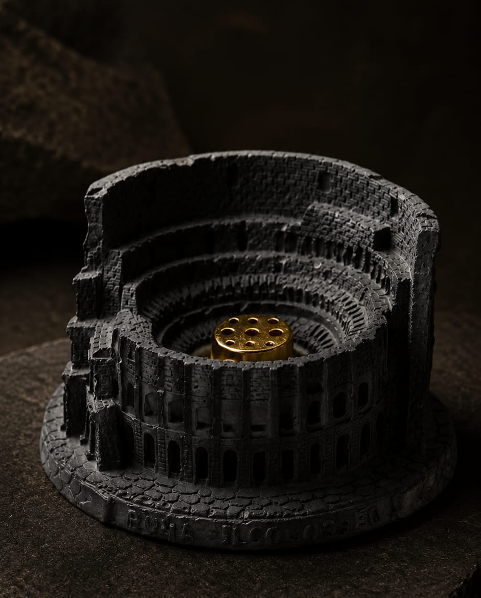 Angled view of Colosseum incense holder with brass incense insert