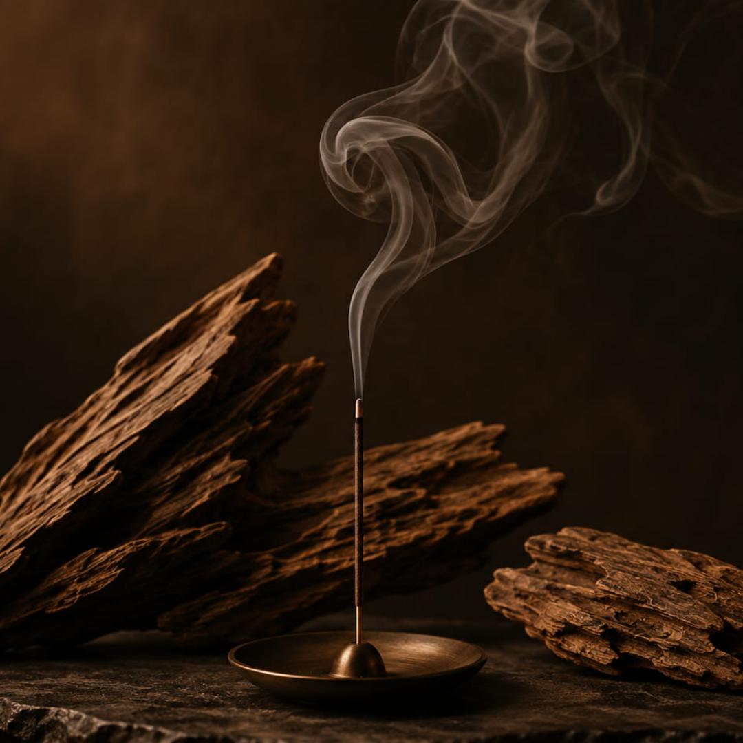 Agarwood pieces beside a burning incense stick with delicate smoke rising in a dark atmospheric setting.