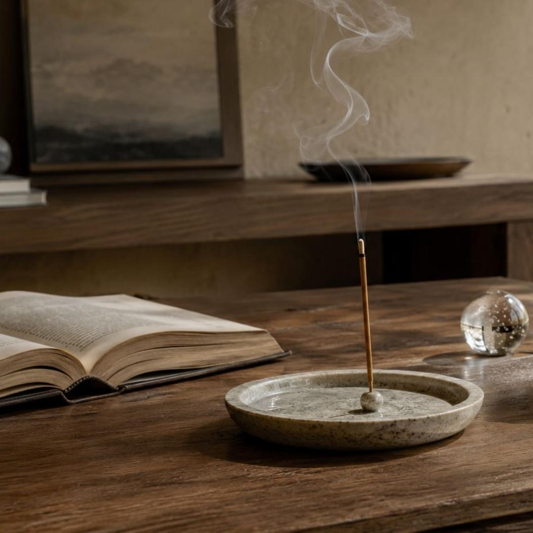 Burning incense in a stone holder beside an open book in a quiet home interior.