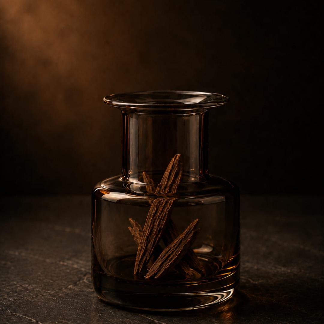 Dark glass vessel with aromatic wood pieces in a moody ritual setting.