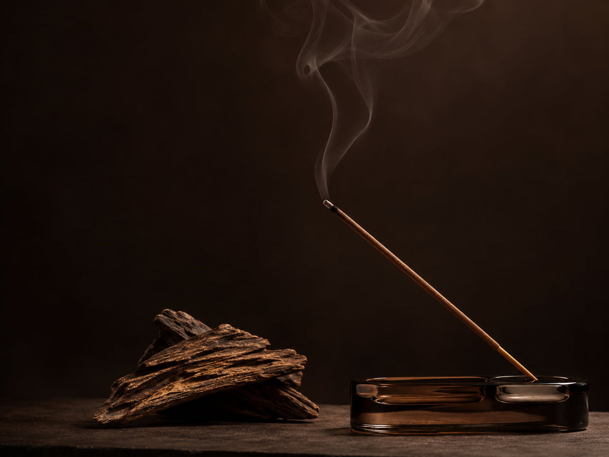 Agarwood pieces beside a burning incense stick in an amber glass holder
