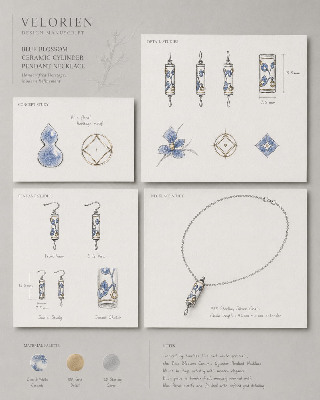 Blue Blossom Ceramic Cylinder Pendant Necklace - VELORIEN